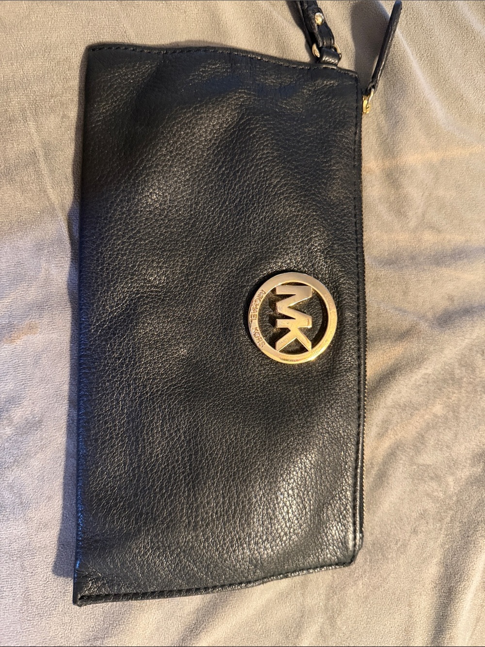 Michael Kors Black Leather Clutch with Gold MK Emblem
